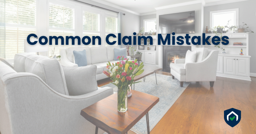 Proofly blog header about common home insurance claim mistakes, showing a clean home interior and bold title text.