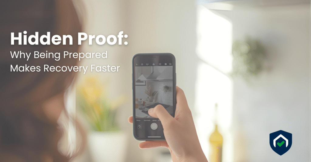 Person using a smartphone to photograph home belongings in a kitchen for inventory documentation, with headline text about preparedness and faster recovery.