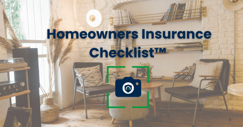 Hero image for the Homeowners Insurance Checklist™, showing a modern living room with the title text and a Proofly camera icon overlay.